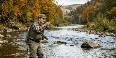 Man fly fishing in clear mountain river with autumn trees