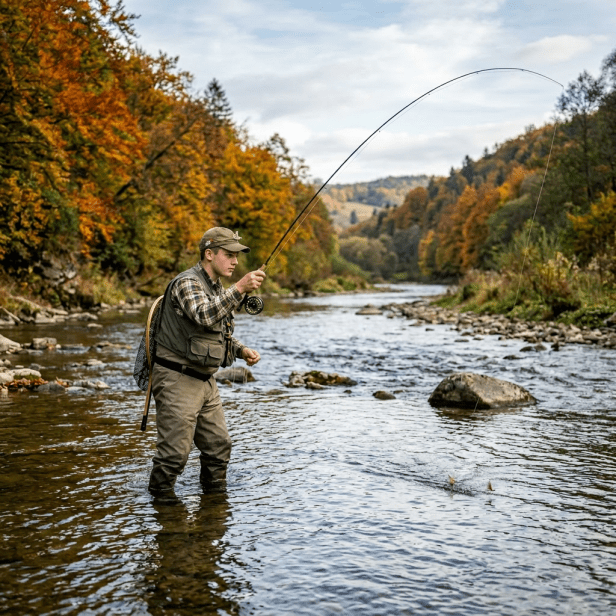 Man fly fishing in clear mountain river with autumn trees