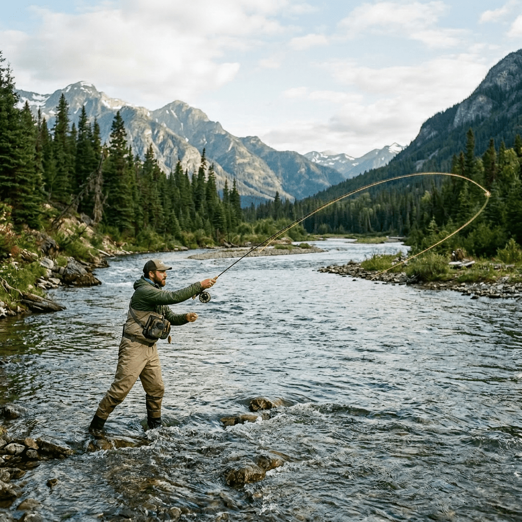 Man fly fishing in a river amid forested mountains